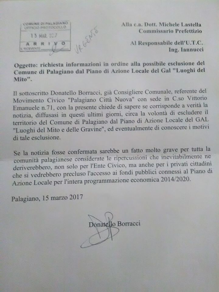 Borracci: ” Palagiano escluso dal GAL, se la notizia fosse confermata sarebbe un fatto molto grave per tutta la comunità