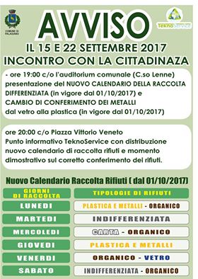 Si avvisano i cittadini del comune di Palagiano che del 1 Ottobre le raccolta differenziata con relativo calendario subirà delle modifiche.