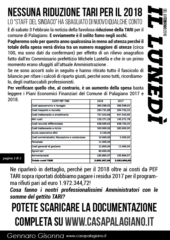 Casa Palagiano: ” Nessuna riduzione TARI per il 2018!”