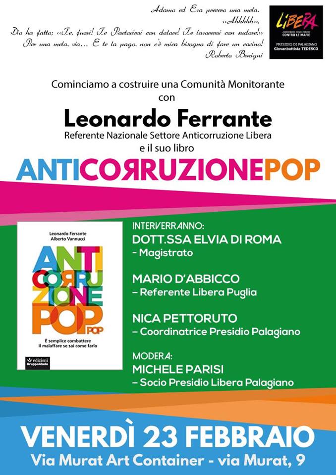 A Palagiano si parlera’ di “Corruzione”, una piaga che affligge più della stessa mafia. 